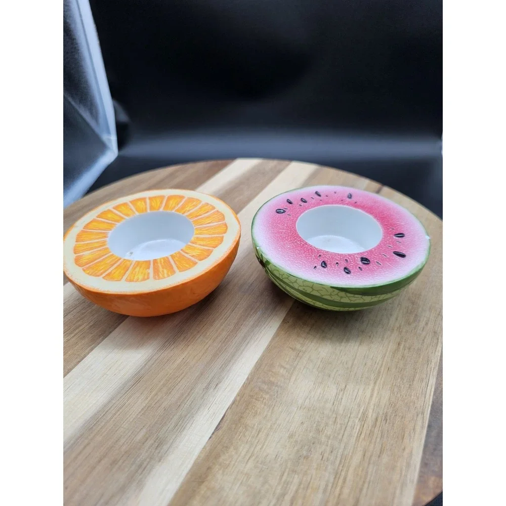 Vintage Pair Of Ceramic Partylite Fruit Votive Candle Holder Orange & Watermelon - Picture 4 of 8